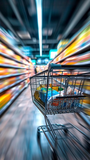 Supermarktdrukte wazig winkelwagentje in het bruisende warenhuislandschap vertical mobile wallpap