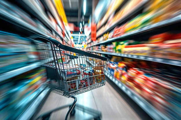 Foto supermarktdrukte wazig winkelwagentje in het bruisende warenhuislandschap