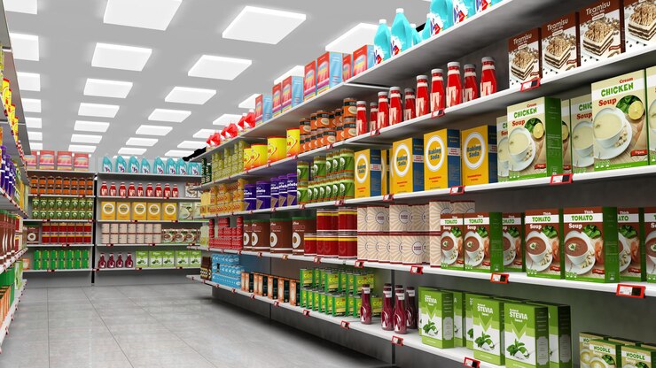 Foto supermarktinterieur met planken vol met verschillende producten