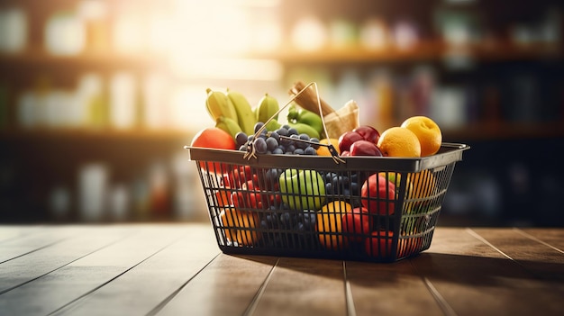 Supermarktmand vol groenten en fruit met kopieerruimte