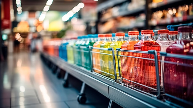 Foto supermarktplanken gevuld met kleurrijke flesjes dranken onduidelijke achtergrond