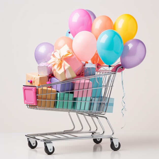 Supermarktwagentje met kleurrijke ballonnen en geschenken Elektronische handel