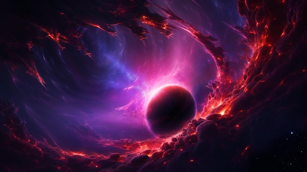 Supermassive black hole with red purple fire photography picture Ai generated art