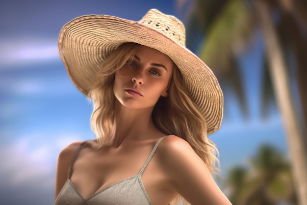 Supermodel wearing trendy summer cloth and straw hat