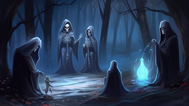 Supernatural horror monsters in the woods of a night