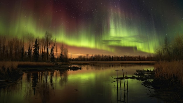 Supernatural Realism Aurora Over Pond And River