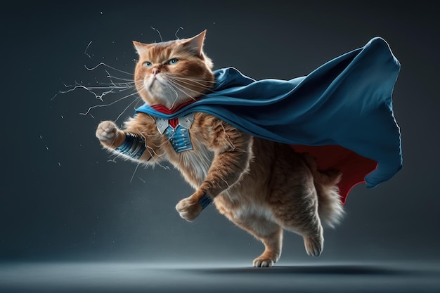 Superpet Cat als superheld met cape op blauwe achtergrond Gemaakt Generative Ai