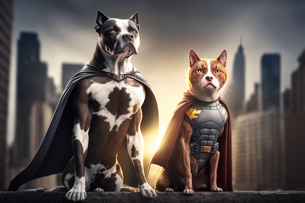 Superpet Cat and Dog als superhelden met cape op stadsgezicht achtergrond Gecreëerde Generative Ai