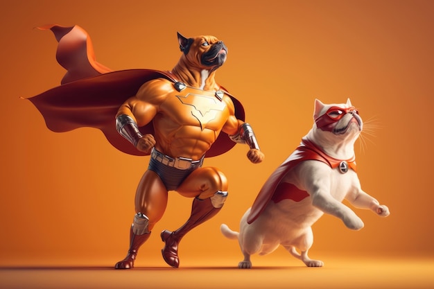 Superpet Cat and Dog as superheroes with cape on orange background Created Generative Ai