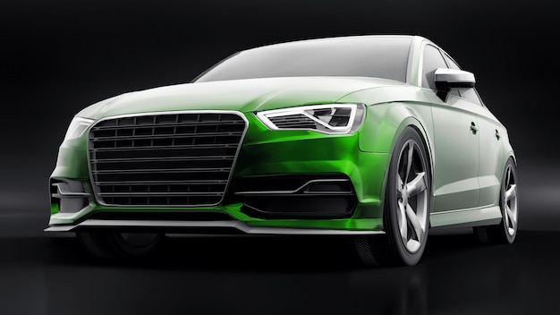 Supersnelle sportwagen kleur groen metallic op een zwarte achtergrond Carrosserievorm sedan Tuning is een versie van een gewone gezinsauto 3D-rendering