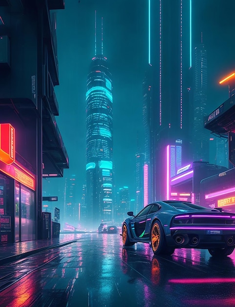 Supersport auto in cyberpunk city met neonlichten