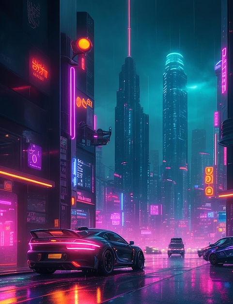 Supersport auto in cyberpunk city met neonlichten