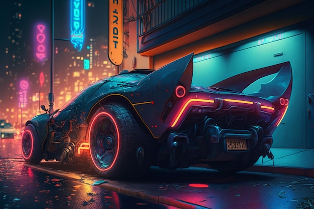 Supersport car at cyberpunk city with neon lights generative ai