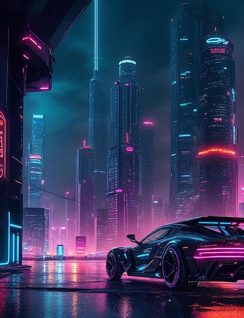 Supersport car at cyberpunk city with neon lights