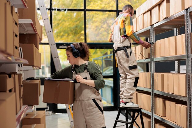 Photo supervisor carrying cardboard box analyzing checklist while working in storage room preparing clients orders storehouse employee wearing headphones listening music during inventory