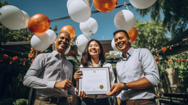 Supervisor and employees on rooftop garden releasing balloons holding certificates