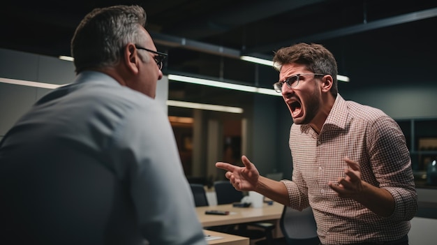 Supervisor en een ondergeschikte schreeuwen tegen elkaar in een kantoor van het bedrijf