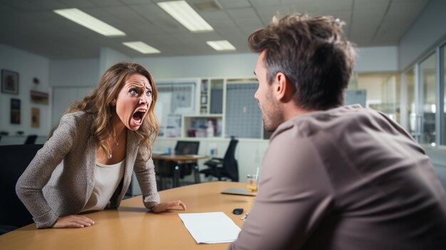 Photo supervisor and a subordinate yell at each other in a company office