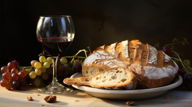 テーブルの上の夕食のパン、ワイン、ブドウ