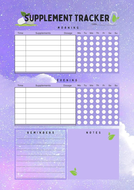 Supplement tracker planner digital planning insert sheet printable page template