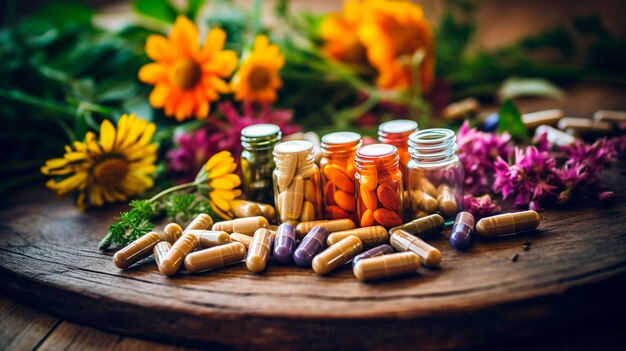 Foto supplementen en bloemen kruiden alternatieve geneeskunde generatieve ai natuur