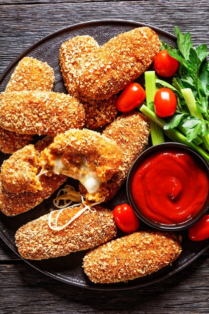 Suppli al telefono fast food italiano - crocchette di riso fritto ripiene di mozzarella servite su un piatto nero con gambi di sedano, pomodori e ketchup su un tavolo di legno scuro, vista dall'alto, primo piano