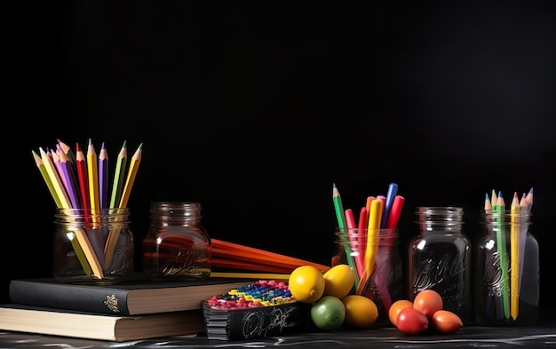 Foto forniture per il bordo scolastico sulla lavagna nera panoramica ai generativa ai