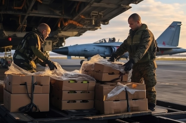 Photo supply of ammunition to war zone packing military cargo at a military air base for shipment the process of obtaining on a military base and redistributing ammunition and weapons for modern warfare