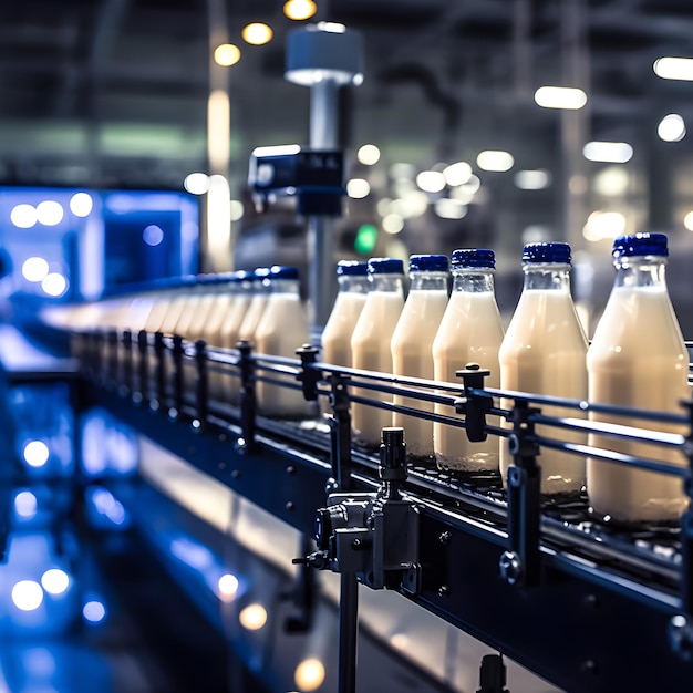 Supply Chain Optimization glass milk bottles on a conveyor belt AI Generated Generative AI