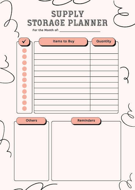 Supply storage planner digital planning insert sheet printable page template
