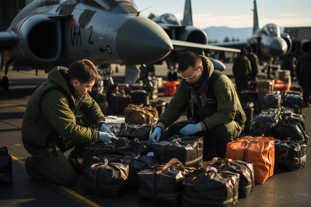 Photo supply of weapons unloading boxes of ammunition at a military airport generative ai