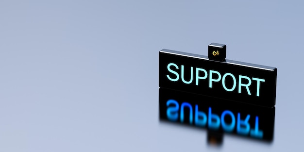 SUPPORT banner for copy space SUPPORT neon text with gears with copy space for text 3D render
