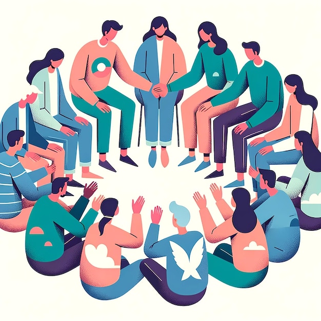 Photo support group sharing diverse members discuss mental health in flat illustration