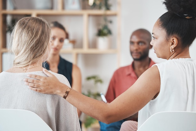 Support help and group of people in therapy discussion for mental health problem stress or depression with professional psychologist or therapist Care trust and psychology with community talking