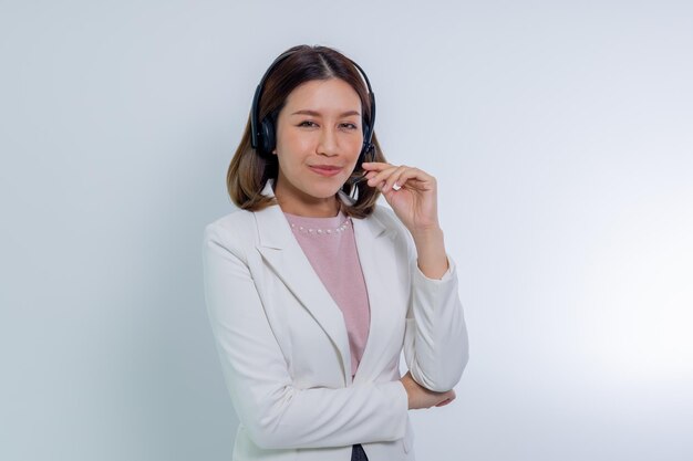 Support phone operator in headset asian businesswoman with headset