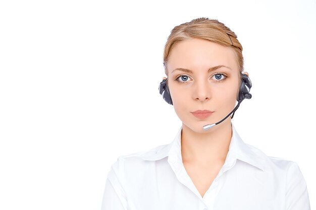 Support phone operator in headset blonde girl isolated