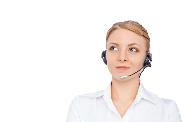 Support phone operator in headset blonde girl isolated