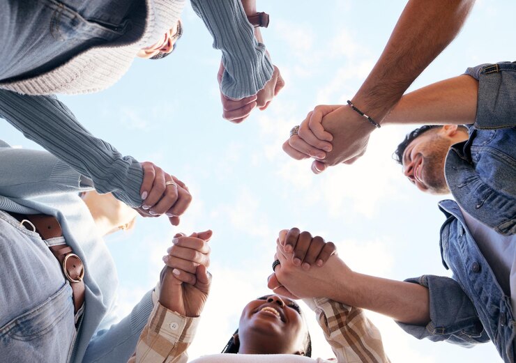 Photo support teamwork or students holding hands with goals educational community or hope for future success university team building or happy friends in partnership or college with a mission or vision