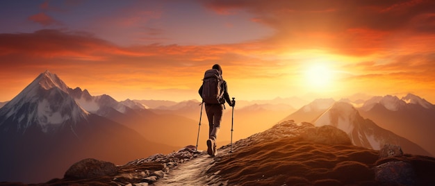 Support walking with trekking pole and sunset the ba