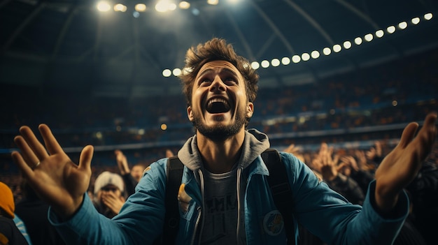 Supporters steken hun hand op en juichen terwijl ze midden op het veld staan