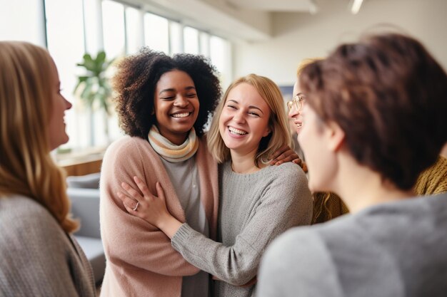 Supportive diverse female friends hugging each other at group therapy session