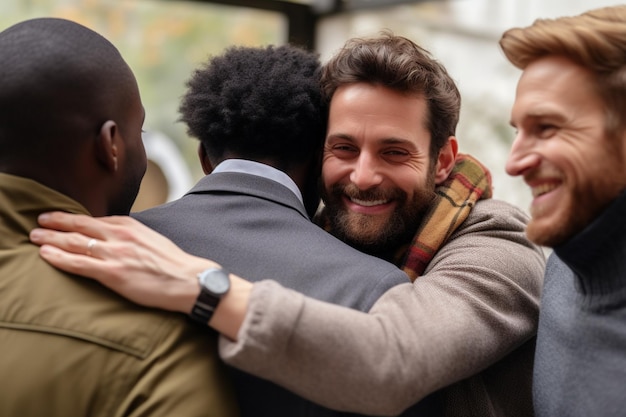 Supportive diverse male friends hugging each other at group therapy session