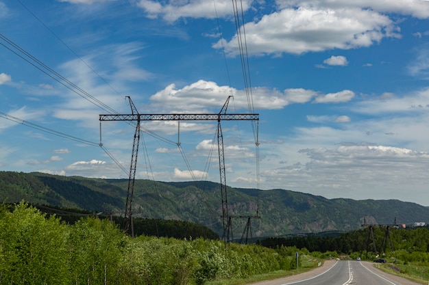 Supports for high-voltage power lines. Electricity production and transmission.