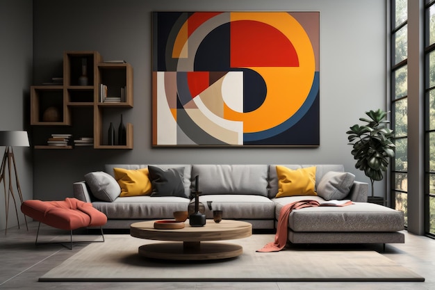 Suprematism style interior design of modern living room with abstract geometric colorful shapes