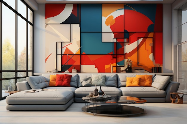 Suprematism style interior design of modern living room with abstract geometric colorful shapes