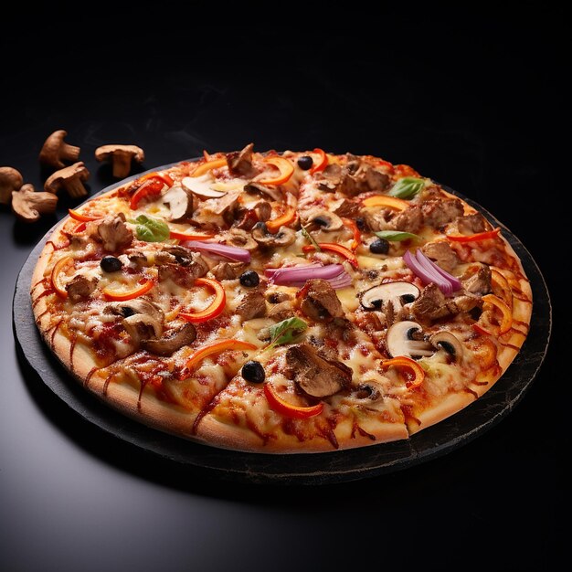 Supreme Pizza on Black Stone White Background