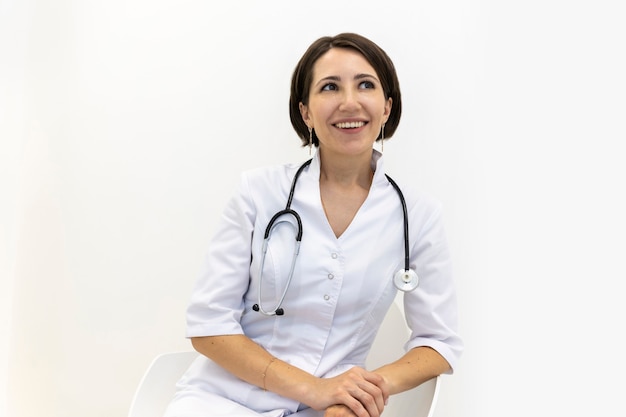 Sure doctor in a white robe sits smiling a woman medical worker in a white robe looks at the camera