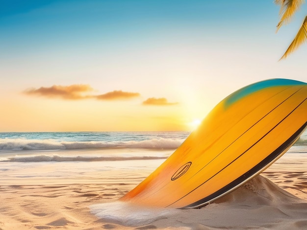 Surf board on sandy tropical beach extreme sport surfing on resort with sun down