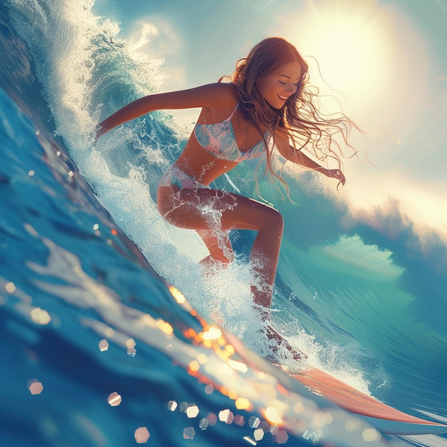 서핑 보더 가 태양 앞 에 파도 를 타고 있다