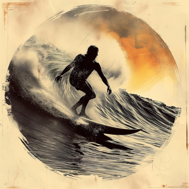 A surf boarder is riding a wave in front of the sun